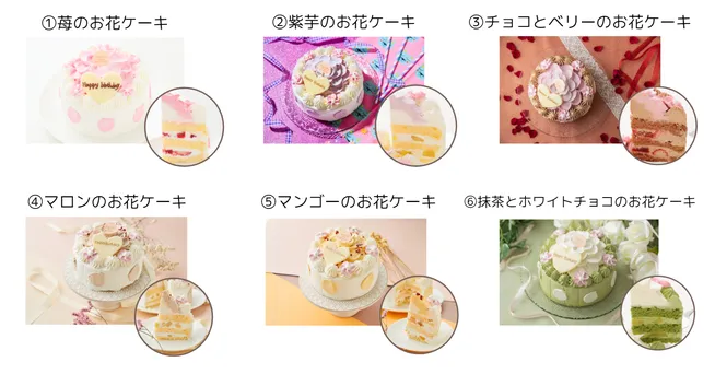 いちごと生クリームを花びらのように飾ったお花ケーキ6種の例